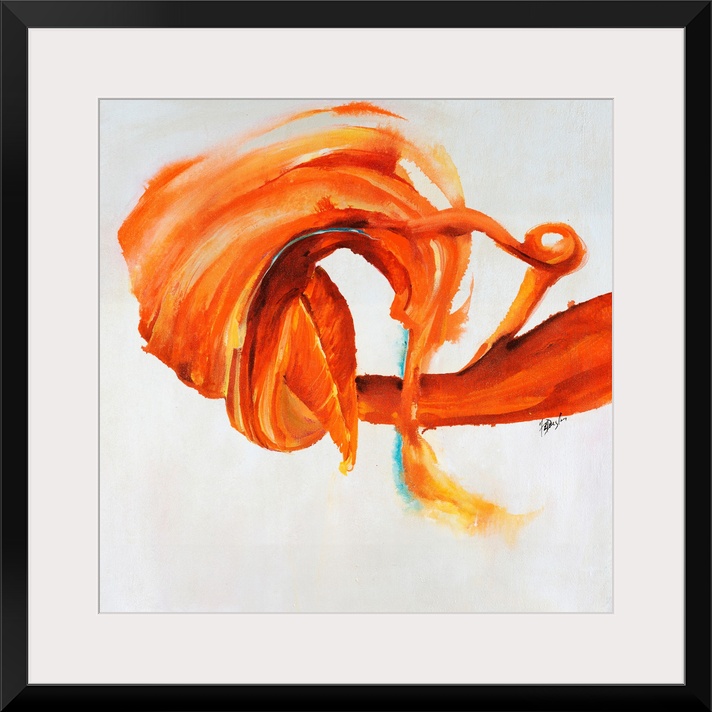 Contemporary painting of an energetic form painting in various shades from tangerine to cool orange-cream.