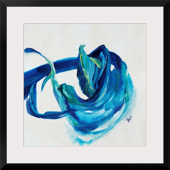 Contemporary painting of an energetic form painting in various shades of blue with hints of yellowish-green.