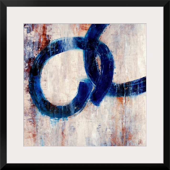 Square, contemporary art on a large canvas of two dark rings interlocking, on a patchy background of various neutral colors.