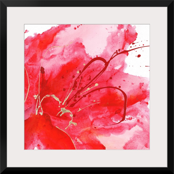 Contemporary abstract painting using a splash of vibrant red against a white background.