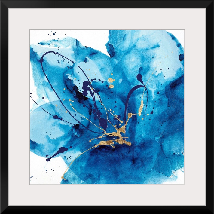 Contemporary abstract painting using a splash of vibrant blue against a white background.