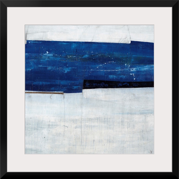 Abstract painting of a navy blue strip over a cool, gray-blue background.