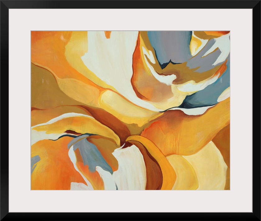 Bright abstract painting of fluid forms in varying shades of yellow, from lemon to mustard.