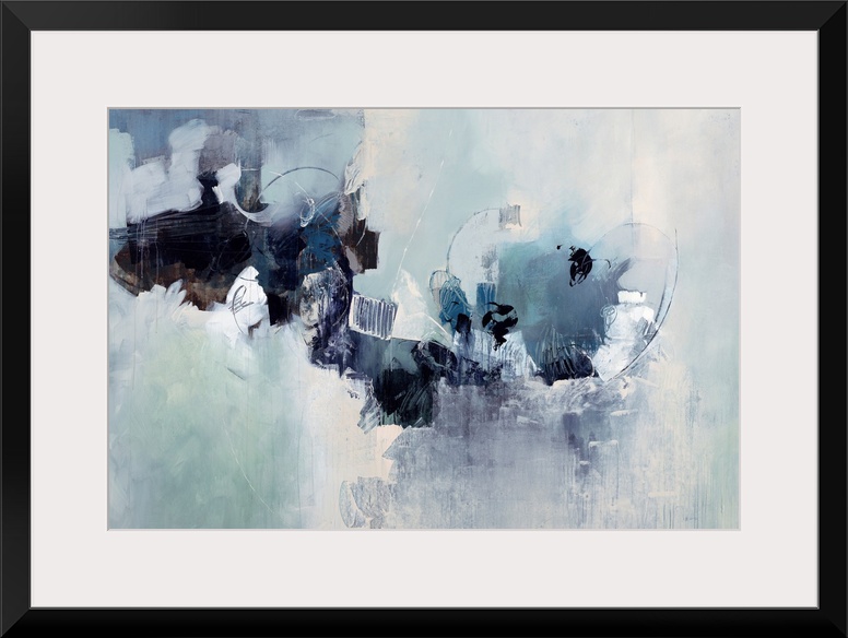 Abstract painting of a cluster of random shapes and cool neutral tones that appear to breaking through a background of thi...
