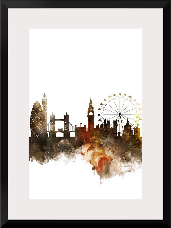 The London city skyline in colorful watercolor splashes.