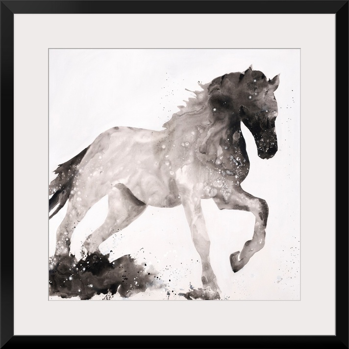 Silhouette of a horse with its front leg up in shades of black and gray on a white, square background.
