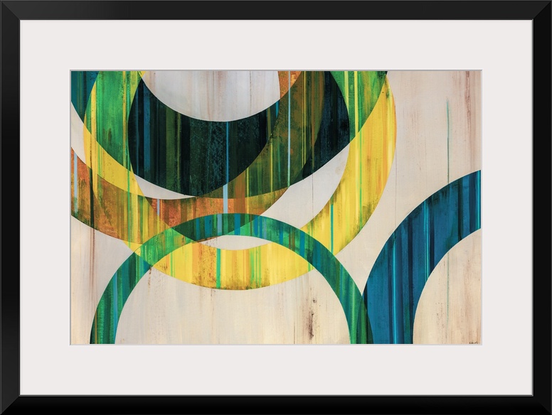 Modern abstract art of circular rings painting in shades of blue, green, yellow, and orange over a netural background.