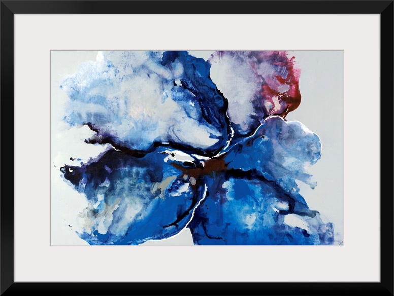 Large abstract art incorporates jagged patches of mostly monochromatic cool tones in front of a bare background.