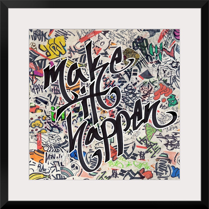 Graffiti-style lettering over a grunge background of pop stickers and symbols.