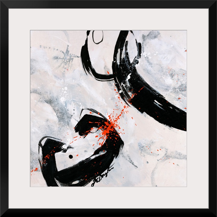 A fierce abstract contemporary painting with bold, dark strokes moving purposefully over the neutral background.