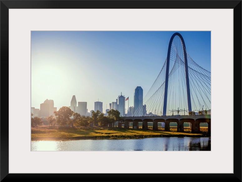 The Margaret Hunt Hill Bridge spans the Trinity River in Dallas, Texas.