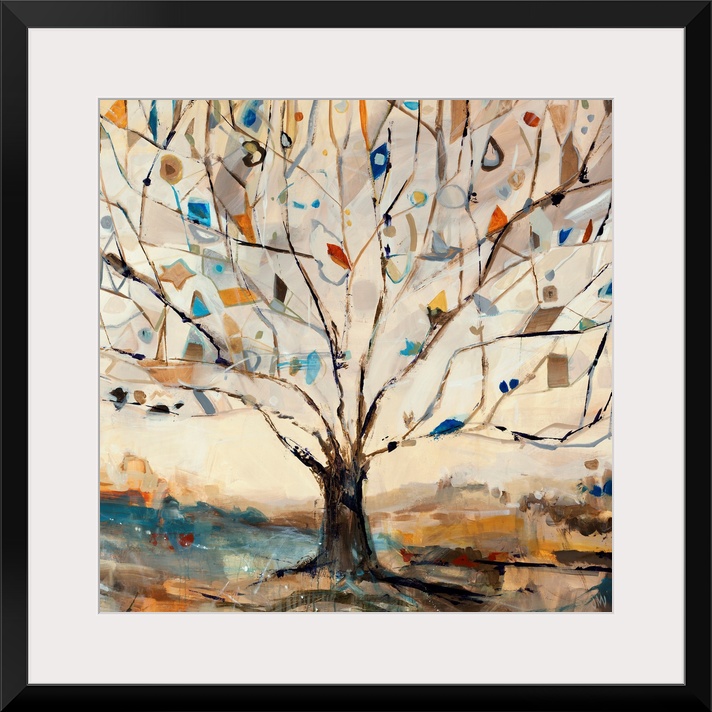 Large square contemporary art displays a Merkaba tree filled with birds that is surrounded by a desolate landscape.
