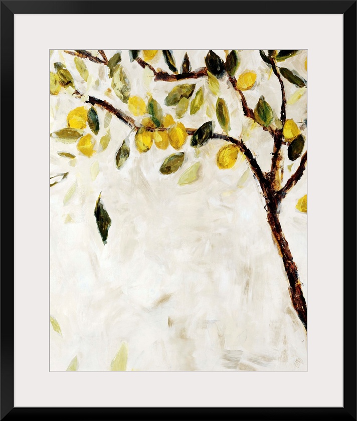 Contemporary painting of a Meyer lemon tree over a neutral background.