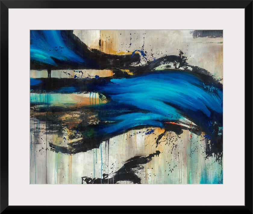 Contemporary artwork of a bright blue wave-like form overtop a neutral background with black splatters.