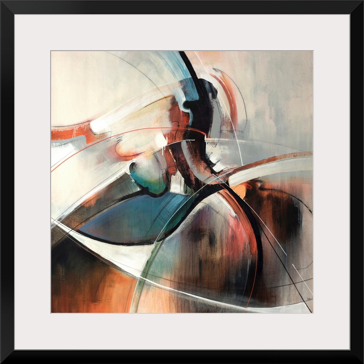 This contemporary painting is an abstract blend and swirl of shapes on square shaped wall art.