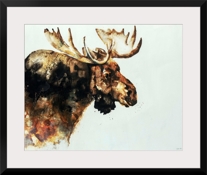Contemporary watercolor portrait of a moose in varying shades of brown.
