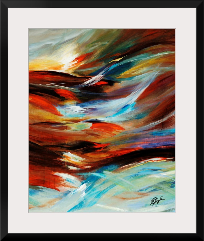 Contemporary abstract painting of wind blowing, illustration by colorful, curved lines.