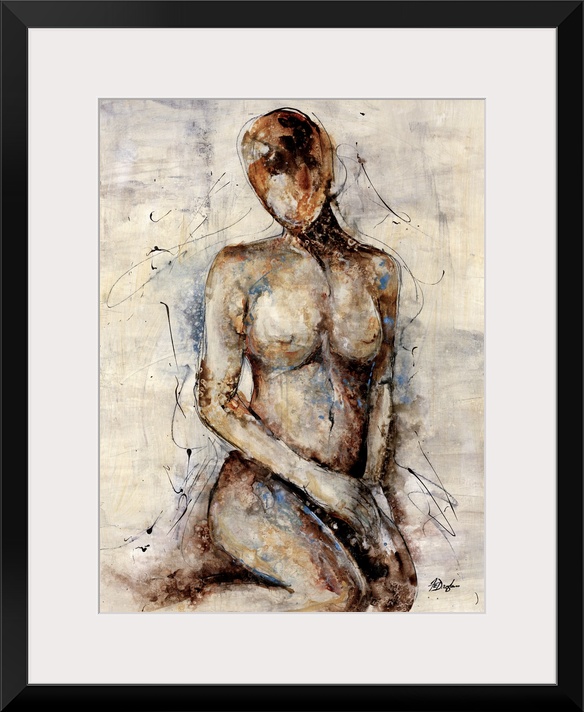 Contemporary abstract figurative painting of a woman's figure sitting on her knees. The image is void of any fine details ...