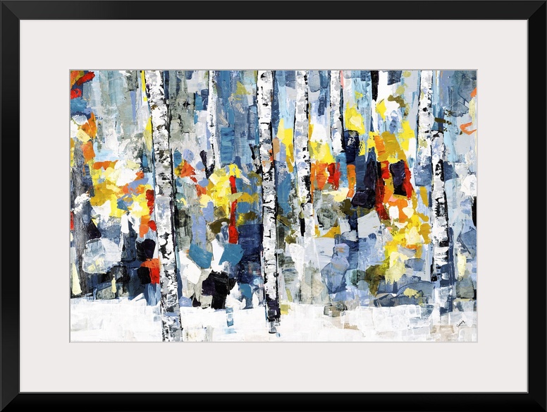 Horizontal abstract painting of a wooded forest with colorful fall leaves.