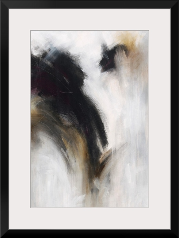 Vertical abstract painting with dark black over bright grey.