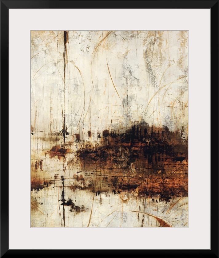 This piece of abstract artwork has a neutral background that appears to have been scratched and distressed. A dark cloud s...