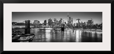 New York City Skyline with Brooklyn Bridge in Foreground, Evening, Black and White