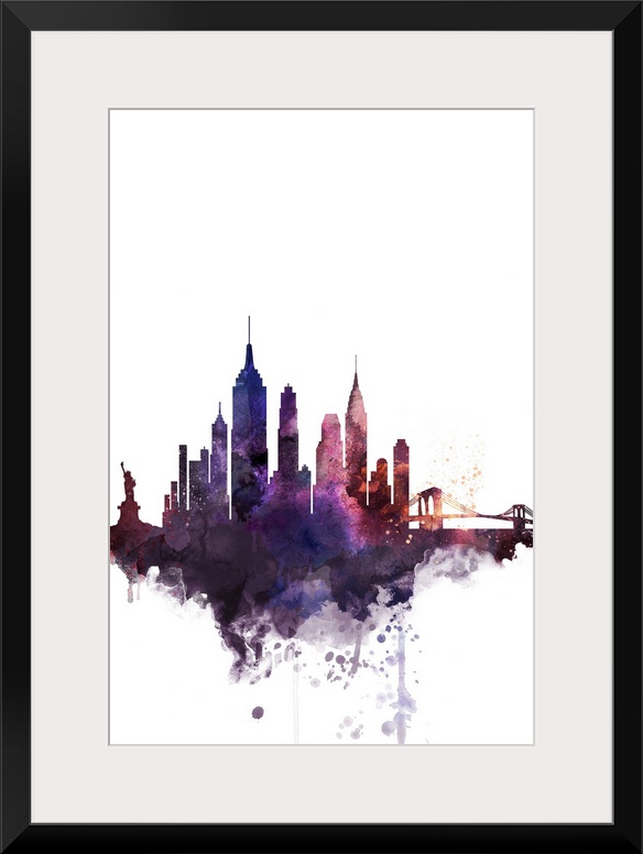 The New York City skyline in colorful watercolor splashes.