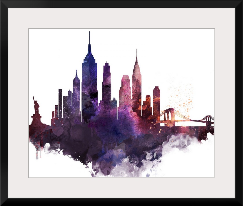 The New York City skyline in colorful watercolor splashes.