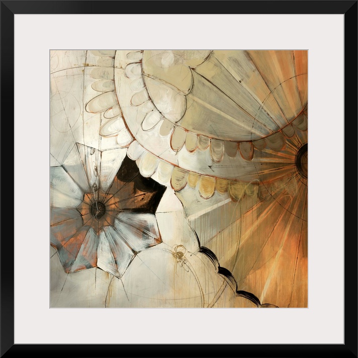 Big abstract art composed of earth tones incorporates a heavy use of straight and curved lines to make shapes that appear ...