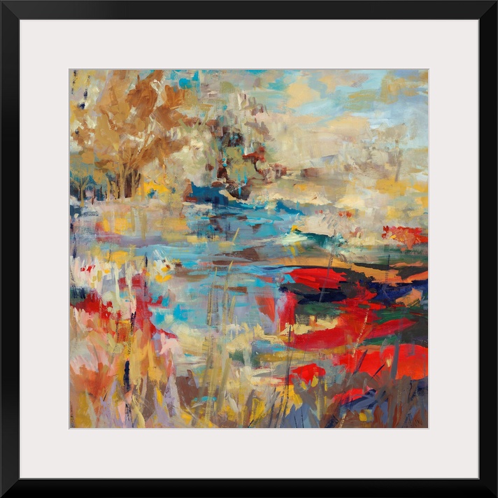 Abstract landscape painting of a creek with hints of poppy red and bright, mustard yellows.