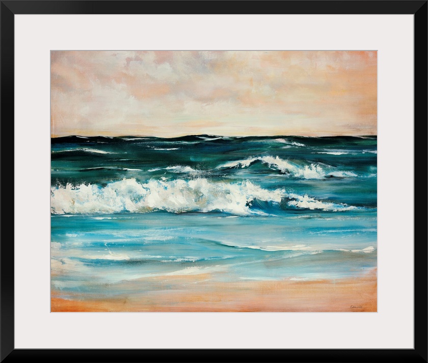 Contemporary painting of crashing waves on a beach on a cloudy day.