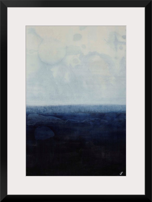 Simplistic abstracted seascape of a field of gray-blue overtop a field of navy.