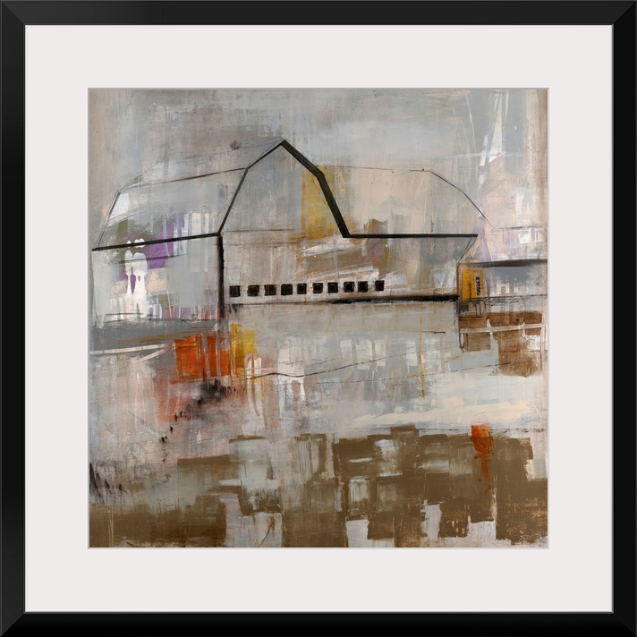 A contemporary and simplistic drawing of an outline of a barn with a mostly off white background and patches of brown at t...