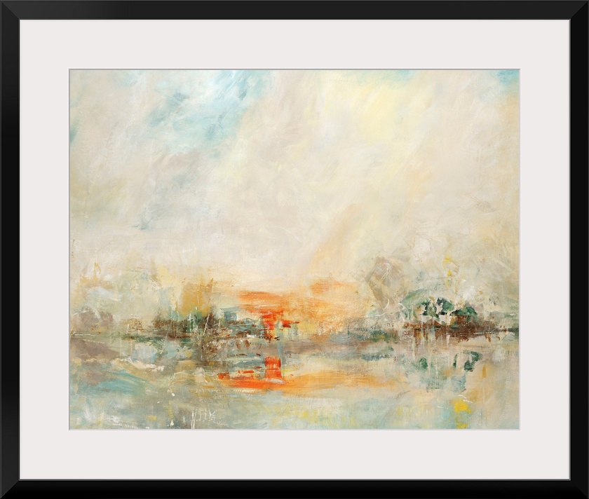 Abstract art painted in muted tones of gray and blue, with hints of brown and bright orange.