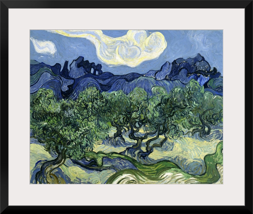 Vincent van Gogh's Olive Trees with the Alpilles in the Background (1889) famous landscape painting.