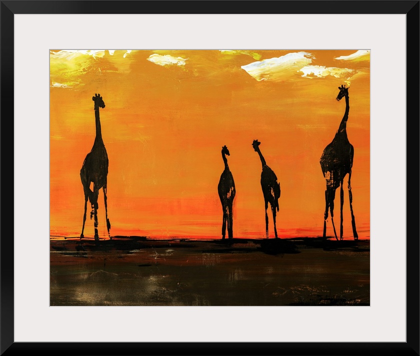 Portrait of giraffes on the African plain in front of a vibrant, orange background.