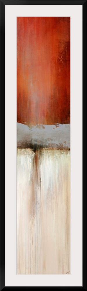 Abstract painting with a composition of maroon red, cool gray, and tan divided in three sections.