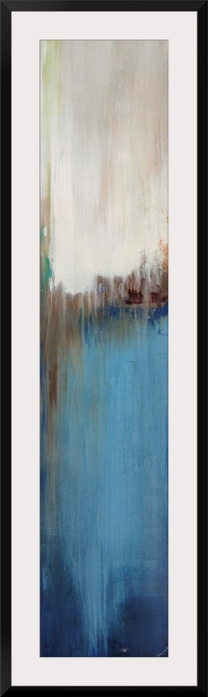 Abstract painting with a composition of varying shades of blue, cool gray, and tan divided in three sections.
