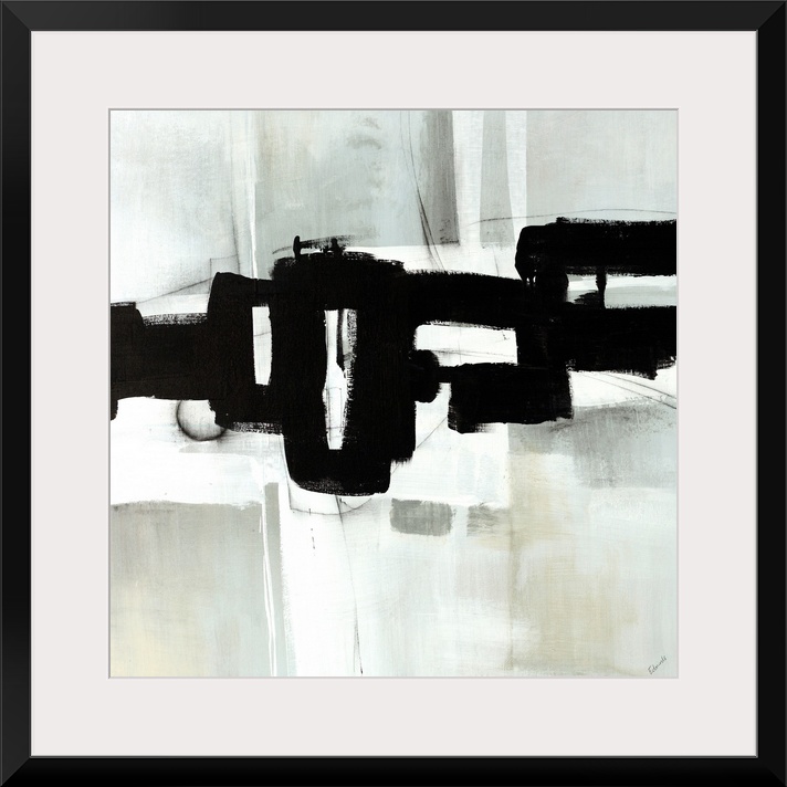 Contemporary abstract painting of interlocking black shapes over a gray background.