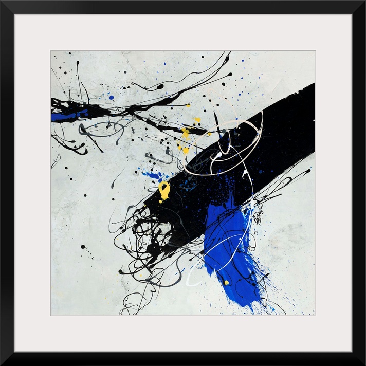 Contemporary abstract painting of a large black brushstroke accented with electric blue and cool yellow accents.