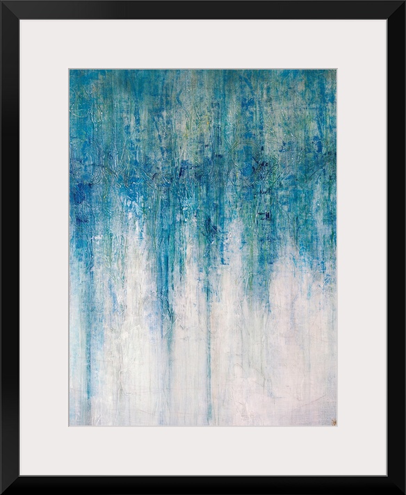 Abstract artwork that has shades of blue color at the top that drip down toward the bottom which is almost white.