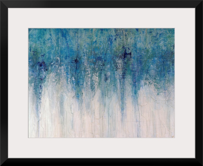 Abstract artwork with different shades of blue toward the top of the print fading down to an almost white area at the bott...