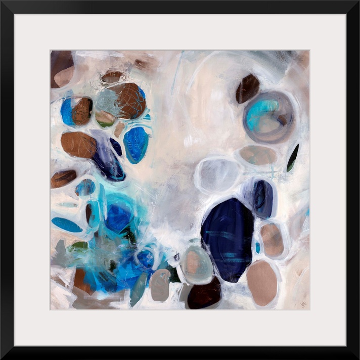 Contemporary abstract painting of stone-like shapes in blues and browns over a neutral background.