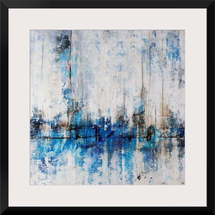 Abstract painting of a city skyline in cool tones, reflecting in the water in the foreground. Painted with overlapping col...