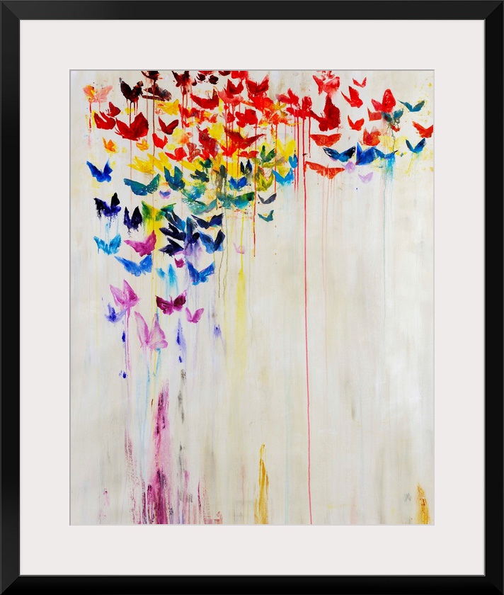 A rainbow of dripping painted butterflies against a white background.