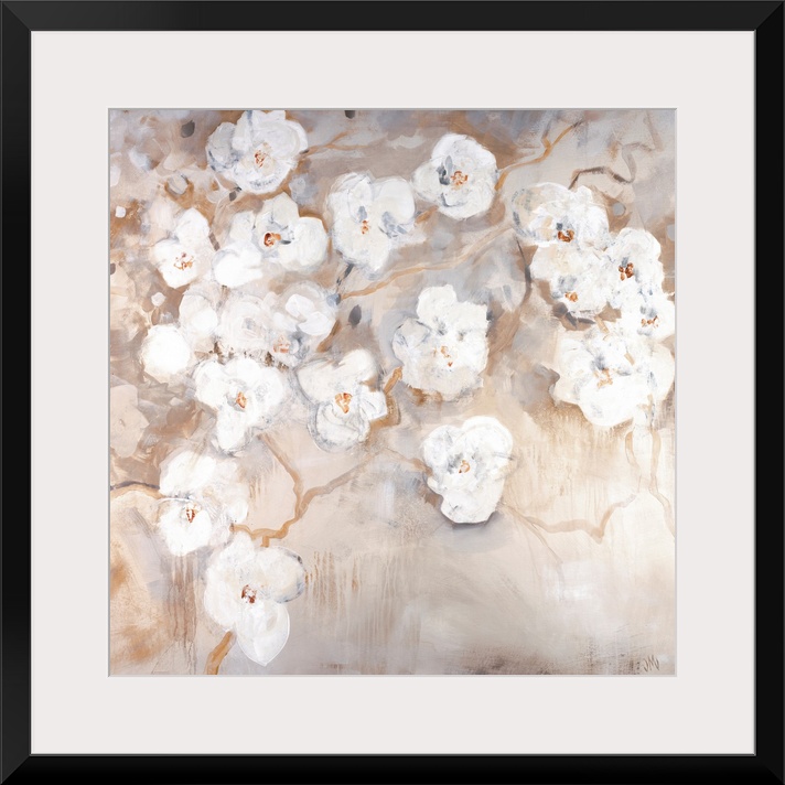 Huge contemporary art shows a group of flowers against a bare background.