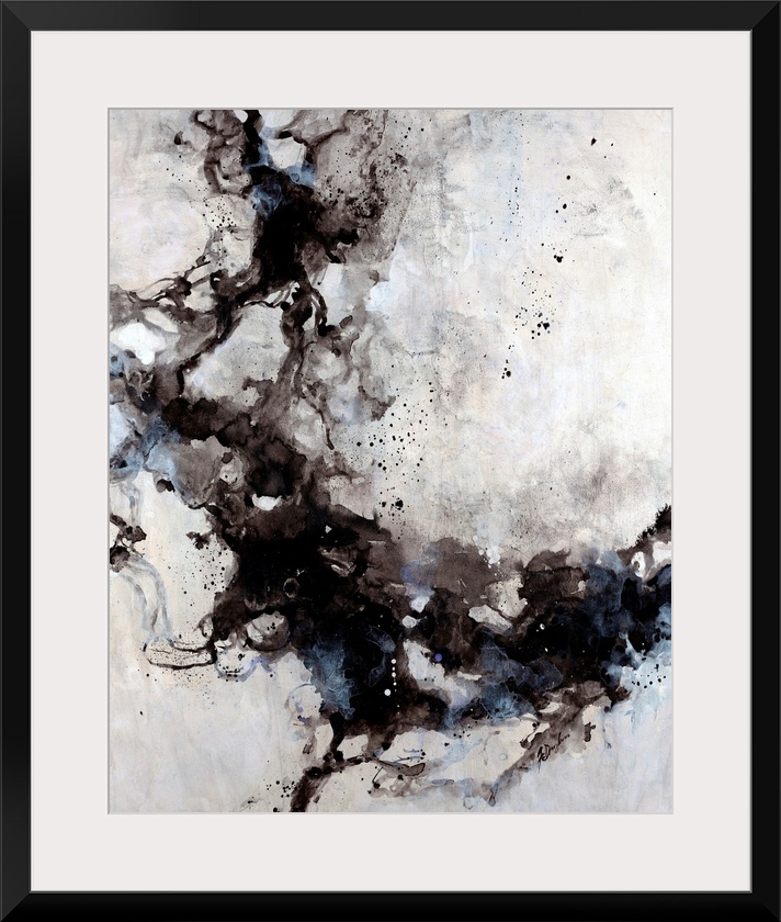 Abstract painting of blended ink splats and splatter with a soft pastel background.