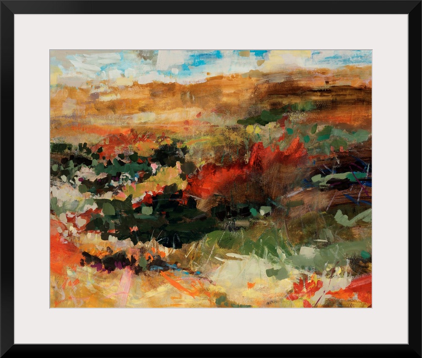 Contemporary abstract painting that portrays flowers in a field with mountains in the distance under a cloudy sky. Short b...