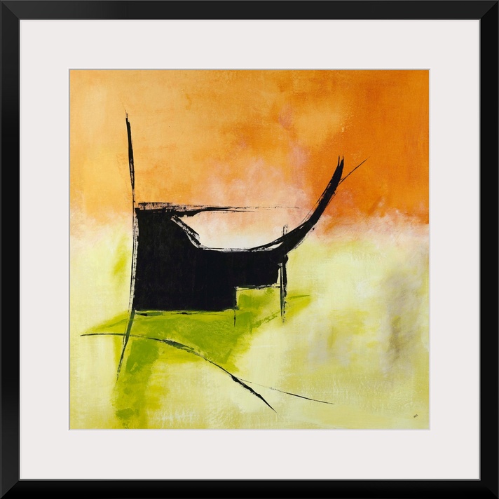 Square abstract painting in bright orange and green hues with a black design.