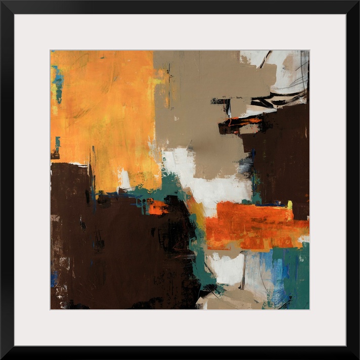 Abstractly painted image on canvas with different patches of color layered on top of each other.